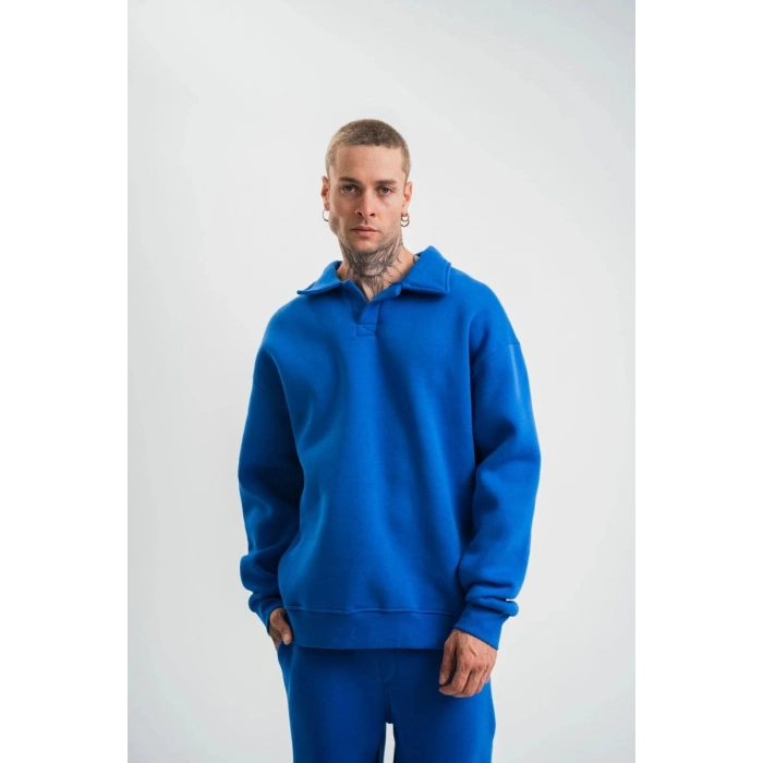 Erkek Açık Yakalı Oversize 3 İplik Pamuklu Sweatshirt - Mavii