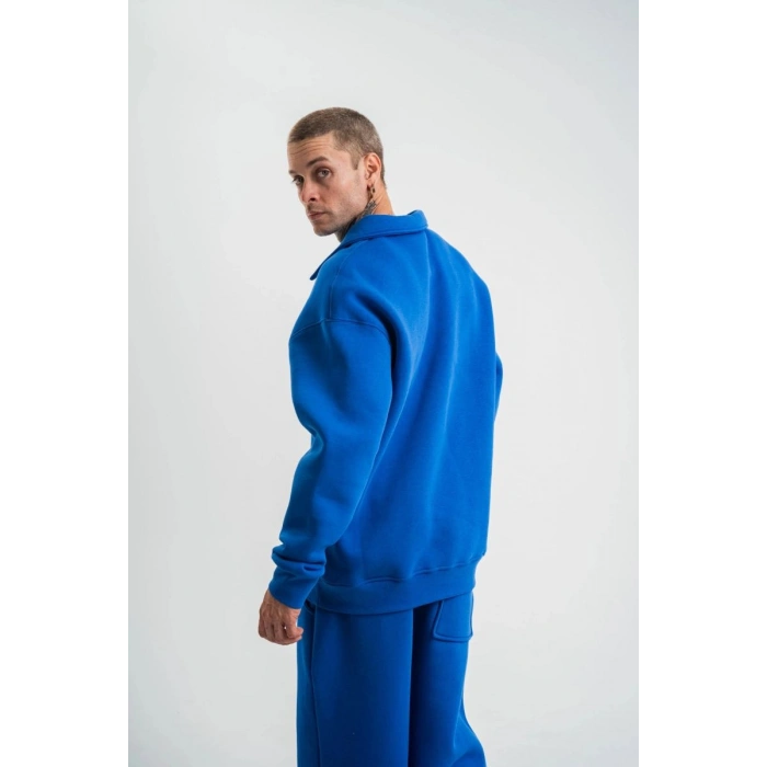 Erkek Açık Yakalı Oversize 3 İplik Pamuklu Sweatshirt - Mavii