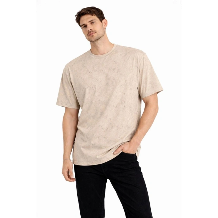 Erkek Asit Yıkama Bisiklet Yaka Kısa Kollu Oversize T-Shirt Tişört - Bej