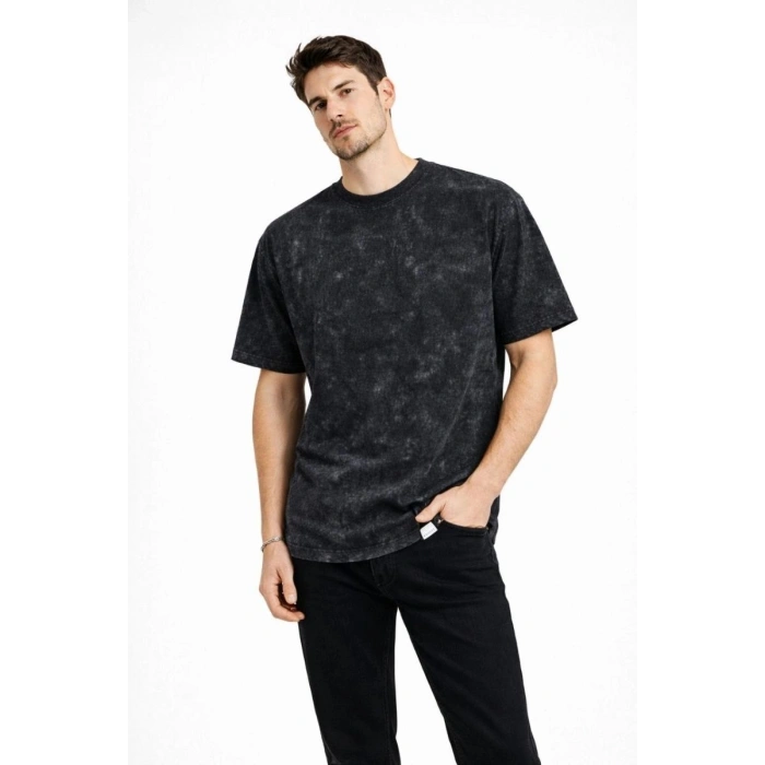 Erkek Asit Yıkama Bisiklet Yaka Kısa Kollu Oversize T-Shirt Tişört - Siyah
