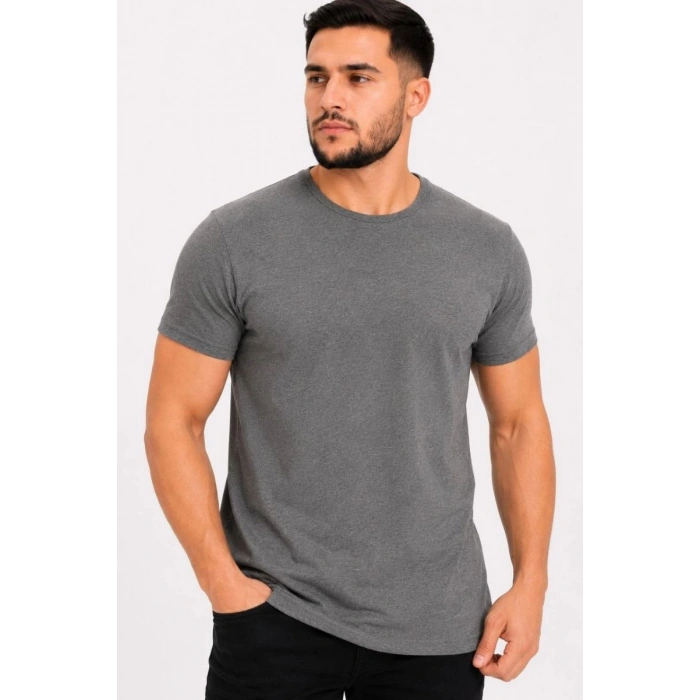 Erkek Basic Tişört Bisiklet Yaka Kısa Kol Günlük Yazlık Slim fit T-Shirt - Antrasit