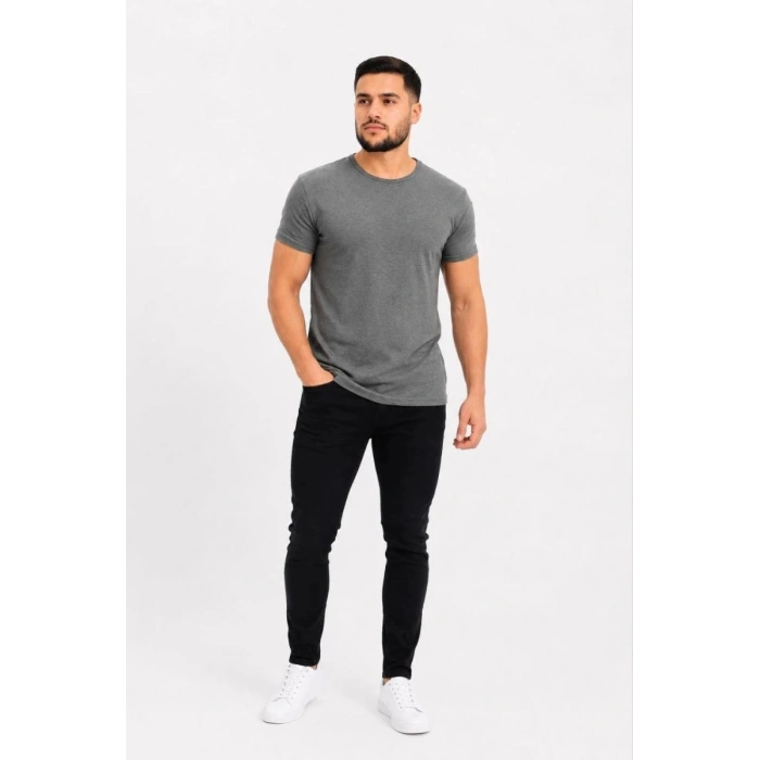 Erkek Basic Tişört Bisiklet Yaka Kısa Kol Günlük Yazlık Slim fit T-Shirt - Antrasit