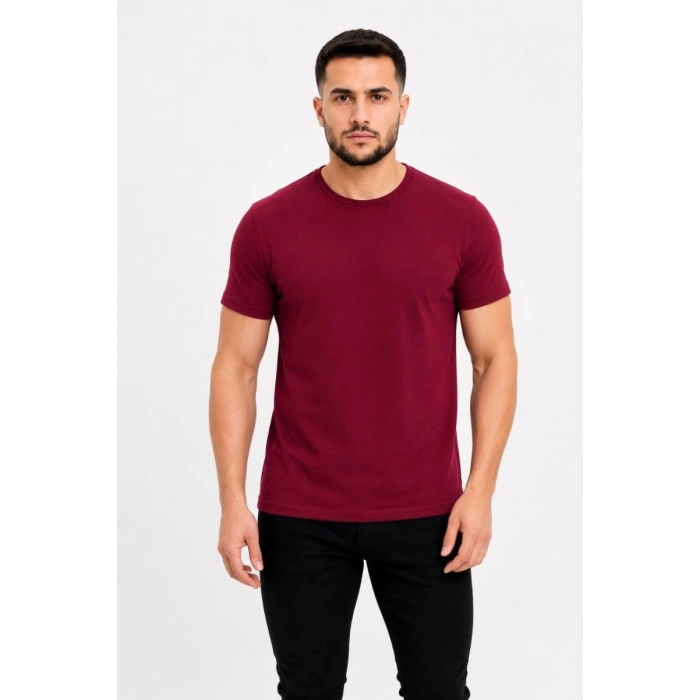 Erkek Basic Tişört Bisiklet Yaka Kısa Kol Günlük Yazlık Slim fit T-Shirt - Bordo
