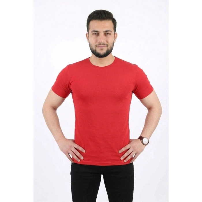 Erkek Basic Tişört Bisiklet Yaka Kısa Kol Günlük Yazlık Slim fit T-Shirt - Kırmızı