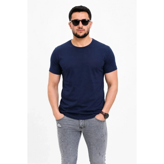 Erkek Basic Tişört Bisiklet Yaka Kısa Kol Günlük Yazlık Slim fit T-Shirt - Lacivert