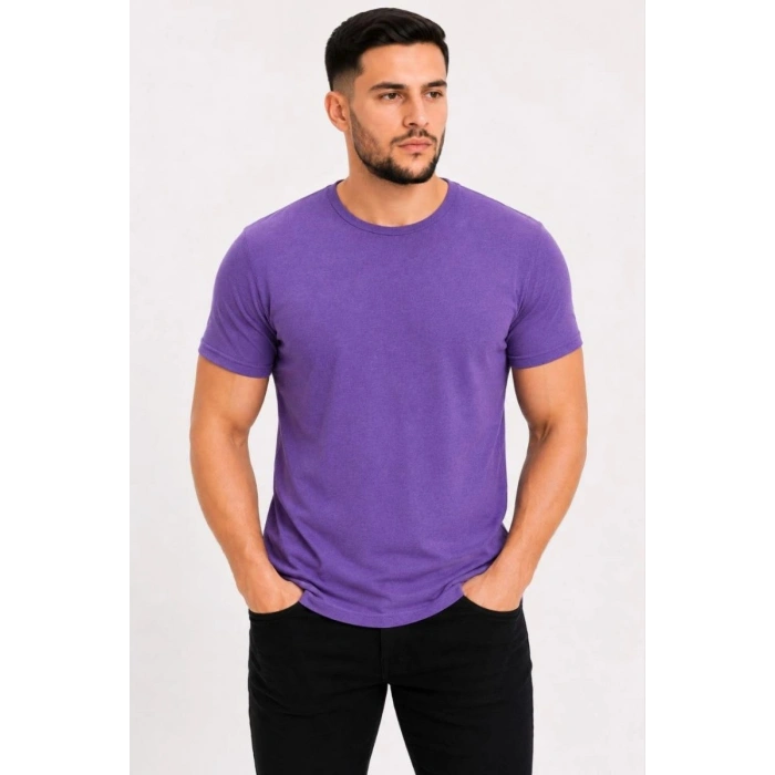 Erkek Basic Tişört Bisiklet Yaka Kısa Kol Günlük Yazlık Slim fit T-Shirt - Mor