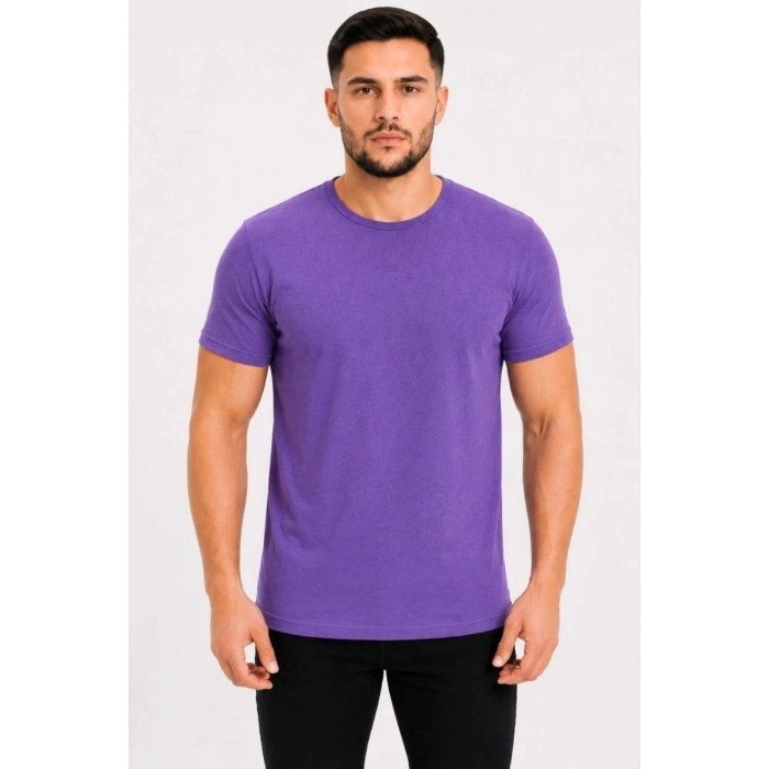 Erkek Basic Tişört Bisiklet Yaka Kısa Kol Günlük Yazlık Slim fit T-Shirt - Mor