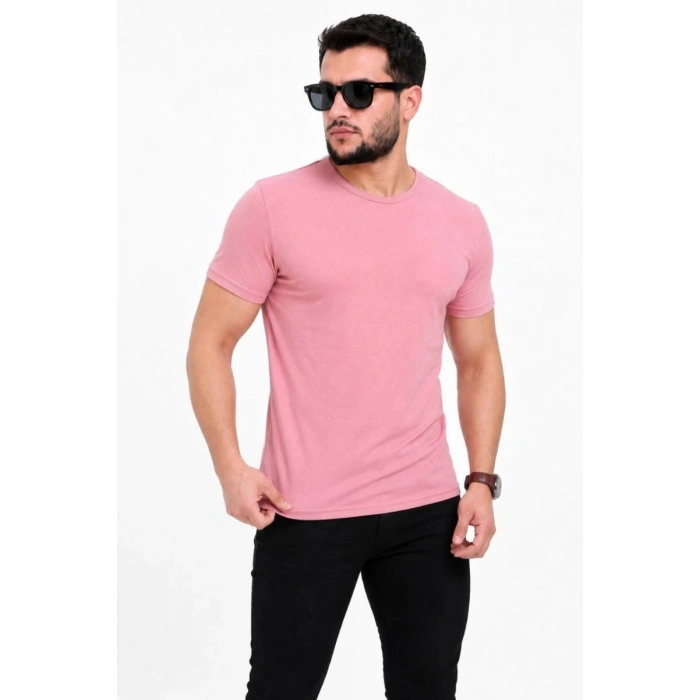 Erkek Basic Tişört Bisiklet Yaka Kısa Kol Günlük Yazlık Slim fit T-Shirt - Pembe