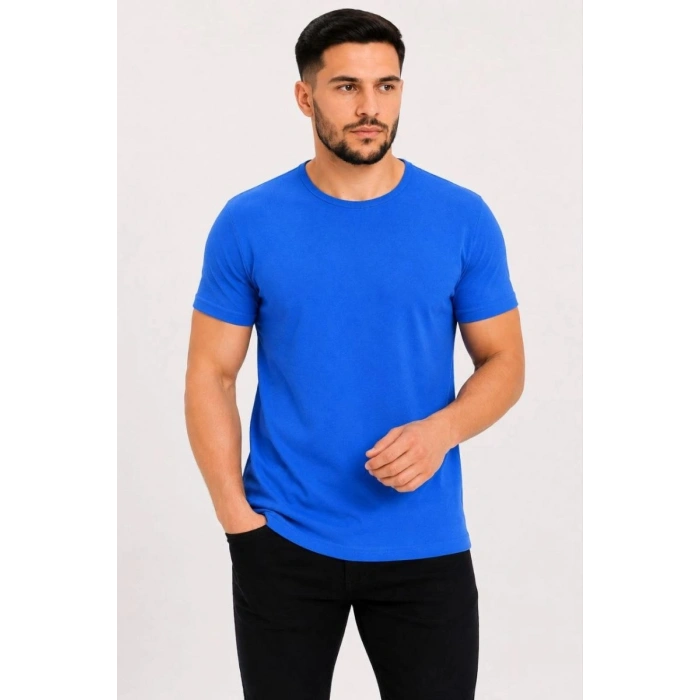 Erkek Basic Tişört Bisiklet Yaka Kısa Kol Günlük Yazlık Slim fit T-Shirt - Saks Mavisi