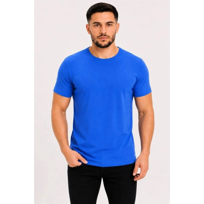 Erkek Basic Tişört Bisiklet Yaka Kısa Kol Günlük Yazlık Slim fit T-Shirt - Saks Mavisi
