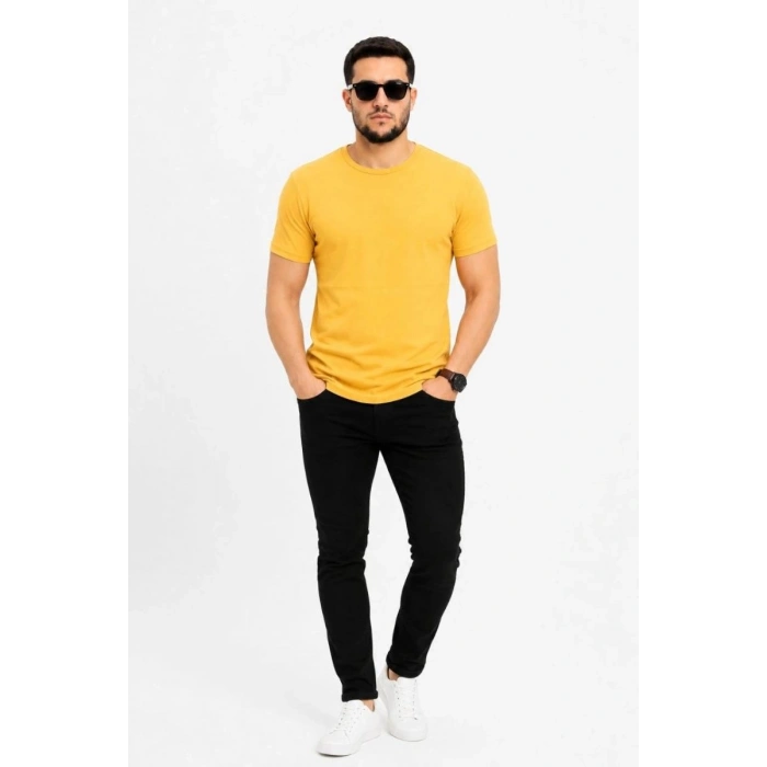Erkek Basic Tişört Bisiklet Yaka Kısa Kol Günlük Yazlık Slim fit T-Shirt - Sarı