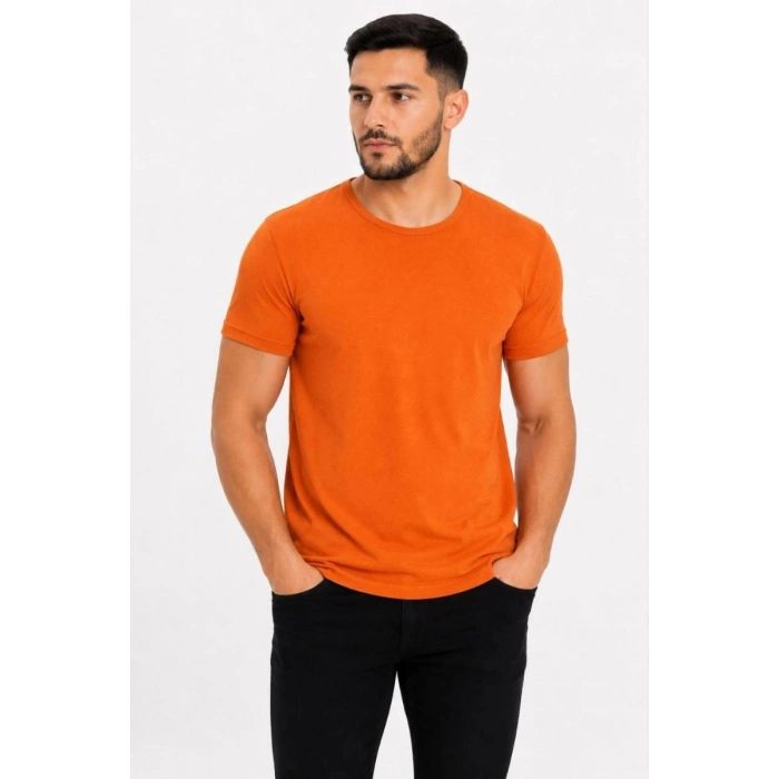 Erkek Basic Tişört Bisiklet Yaka Kısa Kol Günlük Yazlık Slim fit T-Shirt - Turuncu
