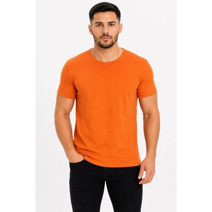 Erkek Basic Tişört Bisiklet Yaka Kısa Kol Günlük Yazlık Slim fit T-Shirt - Turuncu