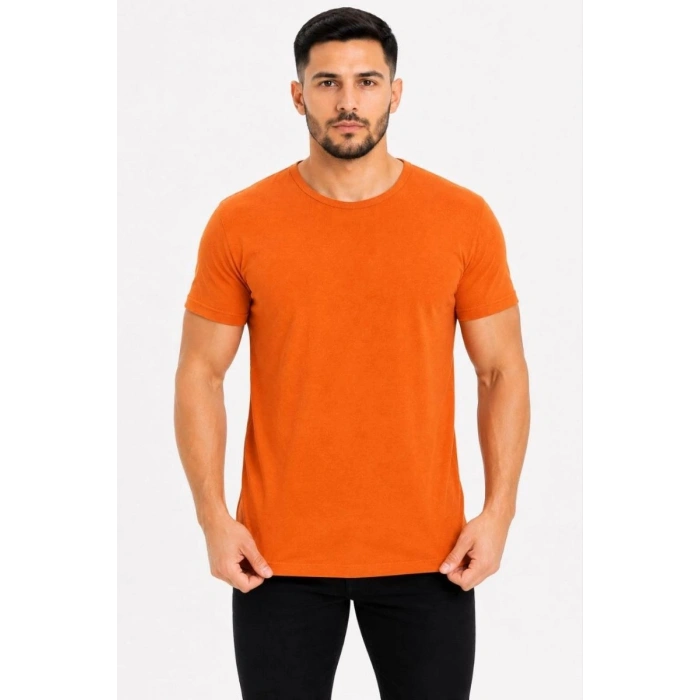 Erkek Basic Tişört Bisiklet Yaka Kısa Kol Günlük Yazlık Slim fit T-Shirt - Turuncu