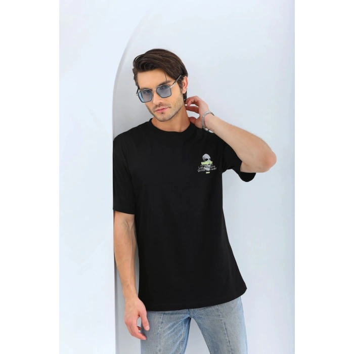 Erkek Baskılı Bisiklet Yaka Kısa kol T-Shirt - Siyah