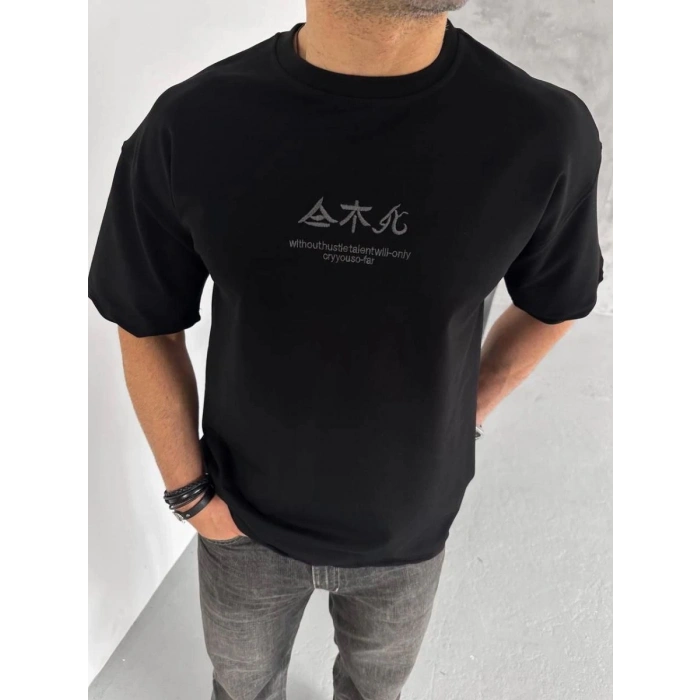 Erkek Baskılı Bisiklet Yaka T-Shirt - Siyah