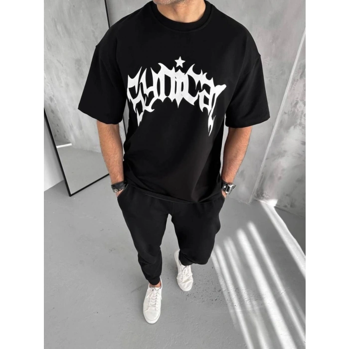 Erkek Baskılı Bisiklet Yaka T-Shirt - Siyah