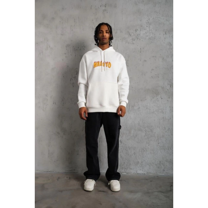 Erkek Baskılı Kapüşonlu 3 iplik pamuklu hoodie Sweatshirt - Beyaz