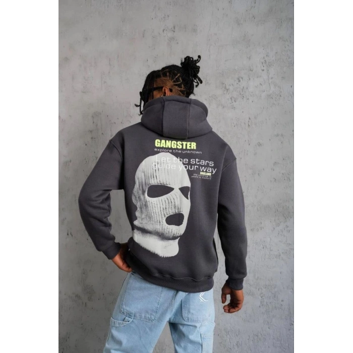 Erkek Baskılı Kapüşonlu 3 iplik pamuklu hoodie Sweatshirt - Gri