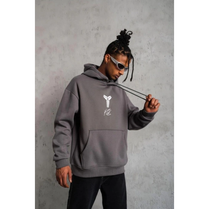 Erkek Baskılı Kapüşonlu 3 iplik pamuklu Hoodie Sweatshirt - Gri