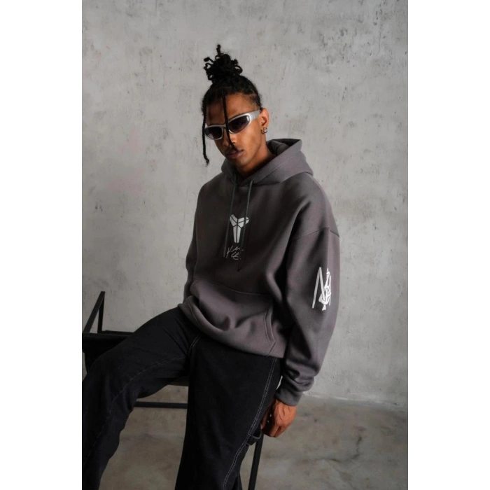 Erkek Baskılı Kapüşonlu 3 iplik pamuklu Hoodie Sweatshirt - Gri