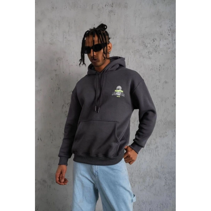 Erkek Baskılı Kapüşonlu 3 iplik pamuklu hoodie Sweatshirt - Gri