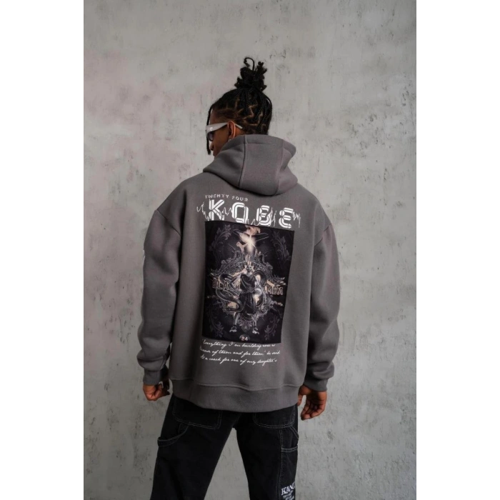 Erkek Baskılı Kapüşonlu 3 iplik pamuklu Hoodie Sweatshirt - Gri