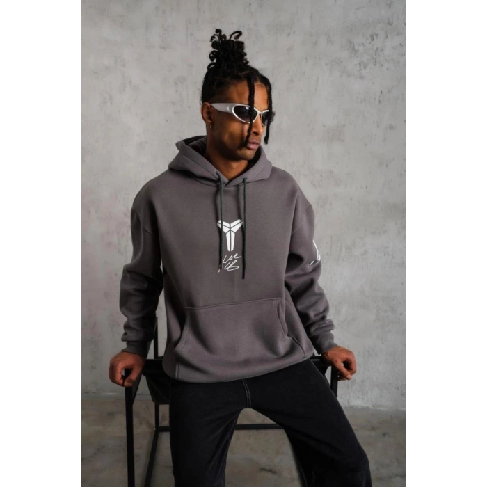 Erkek Baskılı Kapüşonlu 3 iplik pamuklu Hoodie Sweatshirt - Gri