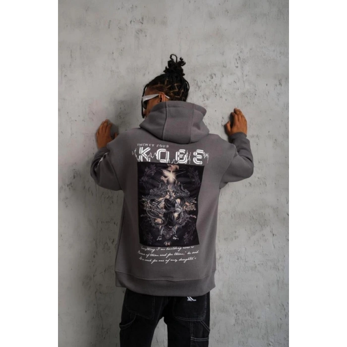 Erkek Baskılı Kapüşonlu 3 iplik pamuklu Hoodie Sweatshirt - Gri