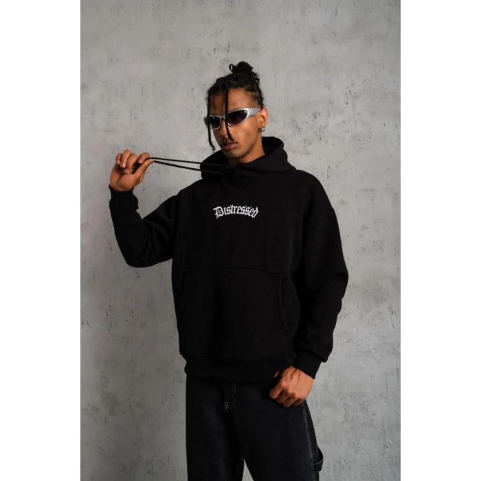 Erkek Baskılı Kapüşonlu 3 iplik pamuklu hoodie Sweatshirt - Siyah