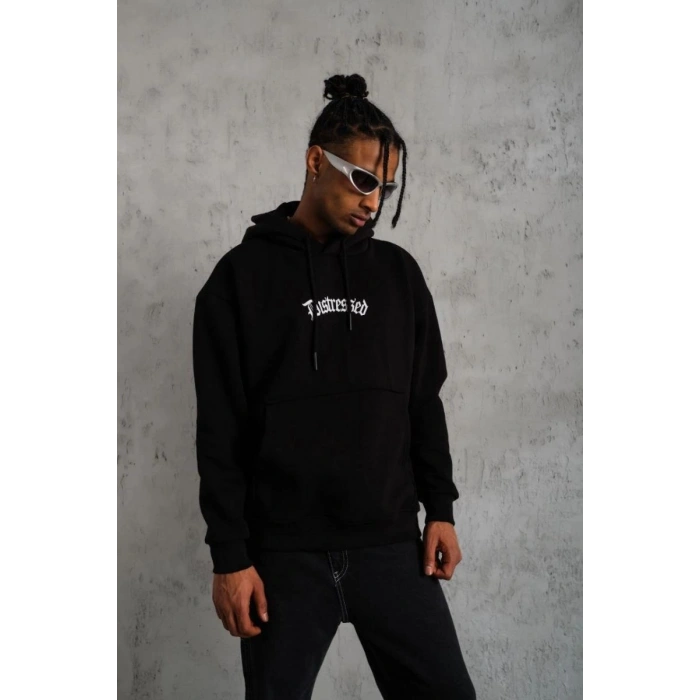 Erkek Baskılı Kapüşonlu 3 iplik pamuklu hoodie Sweatshirt - Siyah