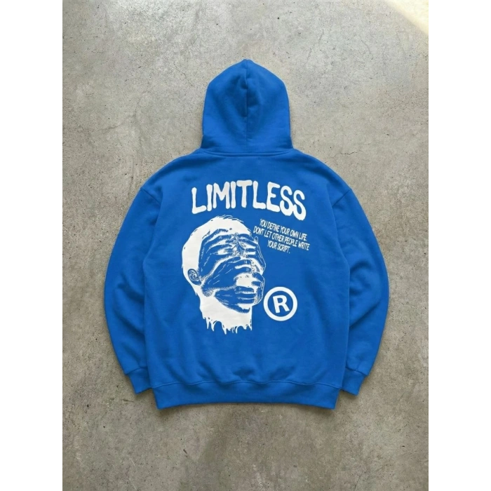 Erkek Baskılı Kapüşonlu Cepli Hoodie 3 İplik Pamuklu Sweatshirt - Saks Mavisi