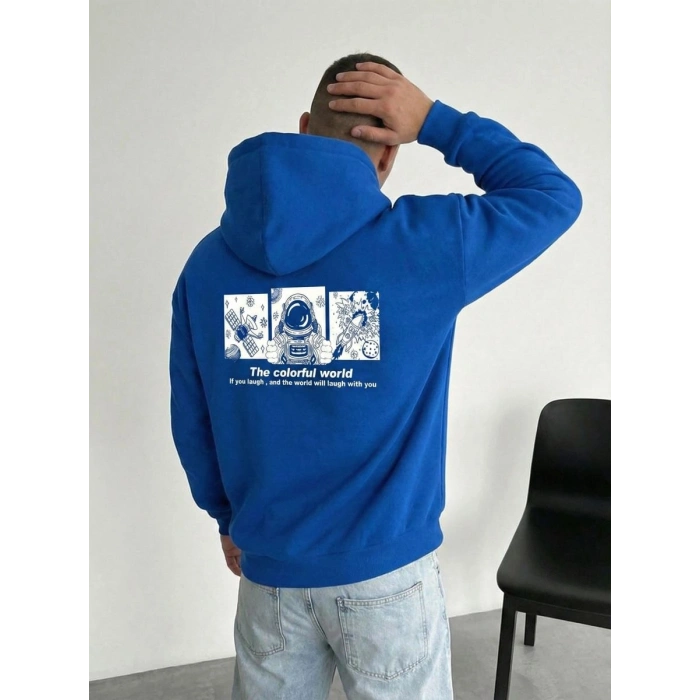 Erkek Baskılı Kapüşonlu Cepli Hoodie 3 İplik Pamuklu Sweatshirt - Saks Mavisi