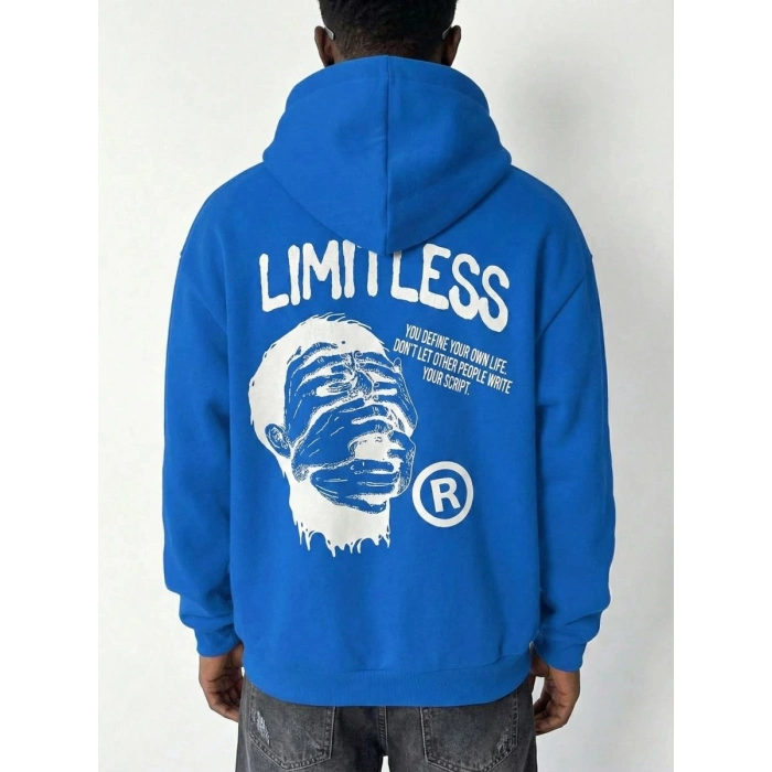 Erkek Baskılı Kapüşonlu Cepli Hoodie 3 İplik Pamuklu Sweatshirt - Saks Mavisi