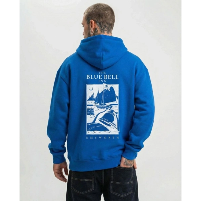 Erkek Baskılı Kapüşonlu Cepli Hoodie 3 İplik Pamuklu Sweatshirt - Saks Mavisii