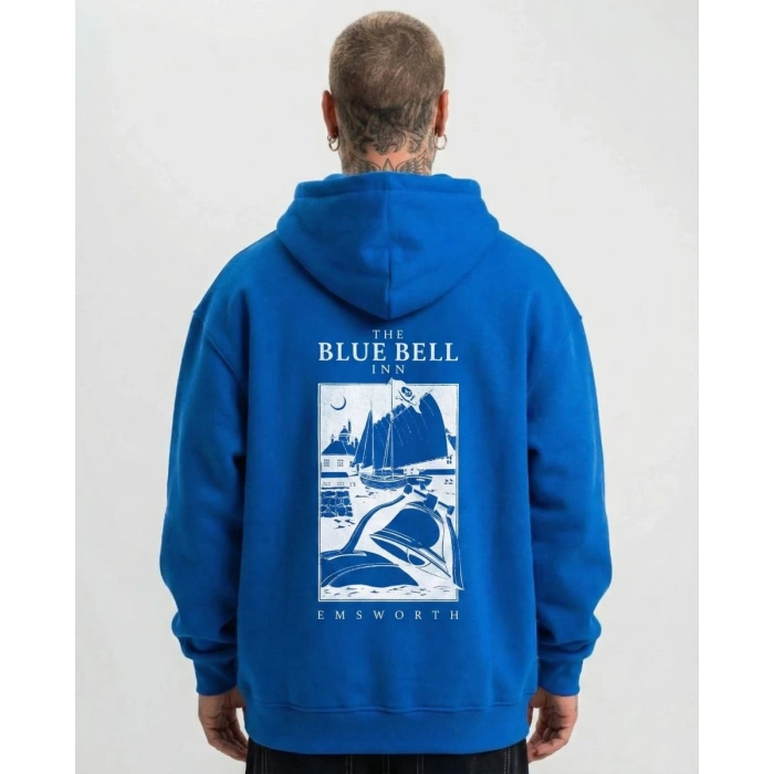Erkek Baskılı Kapüşonlu Cepli Hoodie 3 İplik Pamuklu Sweatshirt - Saks Mavisii