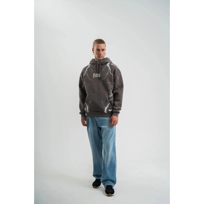 Erkek Baskılı Kapüşonlu Oversize 3 İplik Pamuklu SweatShirt Hoodie - Füme