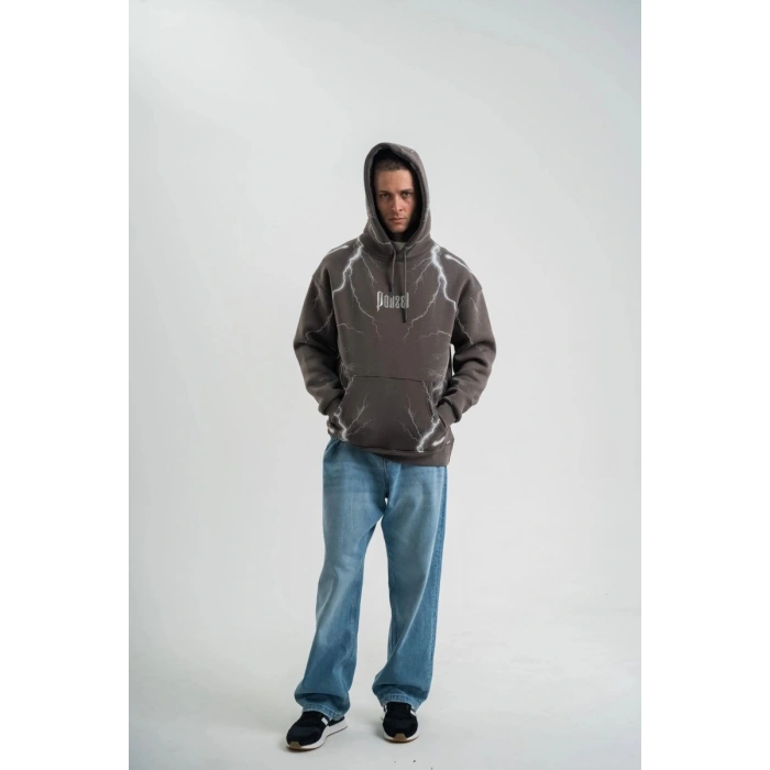 Erkek Baskılı Kapüşonlu Oversize 3 İplik Pamuklu SweatShirt Hoodie - Füme