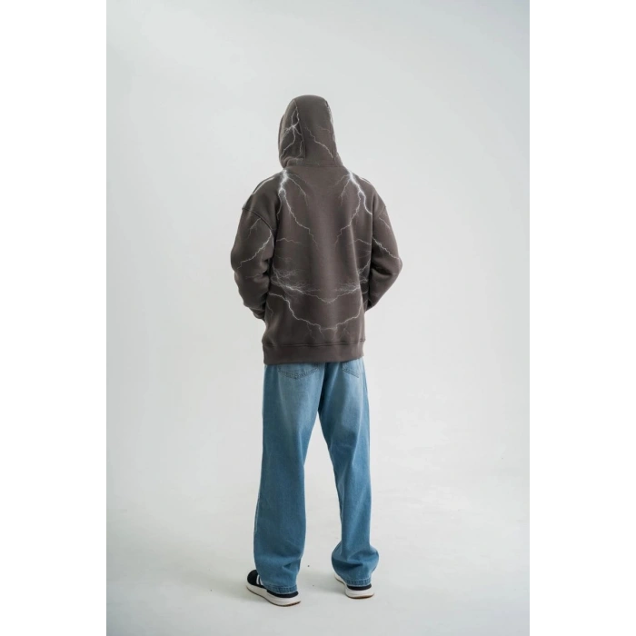 Erkek Baskılı Kapüşonlu Oversize 3 İplik Pamuklu SweatShirt Hoodie - Füme