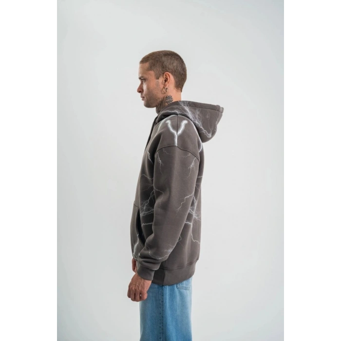 Erkek Baskılı Kapüşonlu Oversize 3 İplik Pamuklu SweatShirt Hoodie - Füme