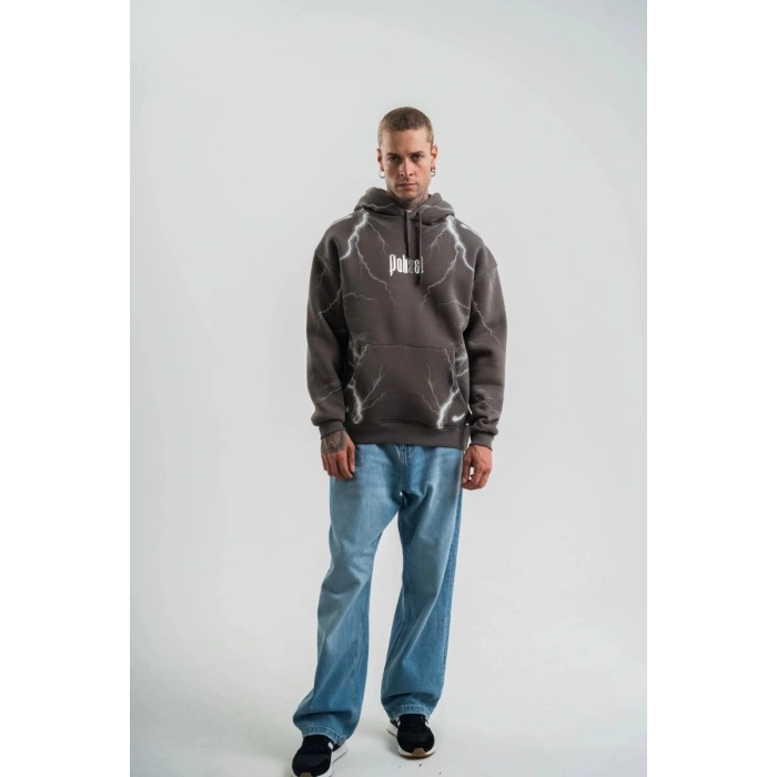 Erkek Baskılı Kapüşonlu Oversize 3 İplik Pamuklu SweatShirt Hoodie - Füme