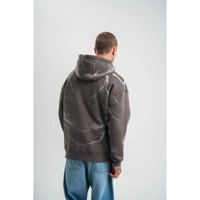Erkek Baskılı Kapüşonlu Oversize 3 İplik Pamuklu SweatShirt Hoodie - Füme