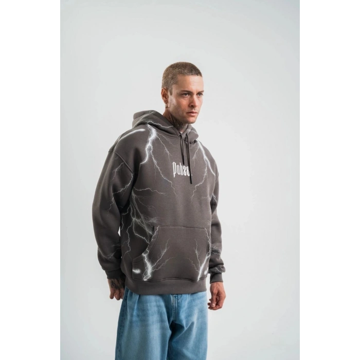 Erkek Baskılı Kapüşonlu Oversize 3 İplik Pamuklu SweatShirt Hoodie - Füme