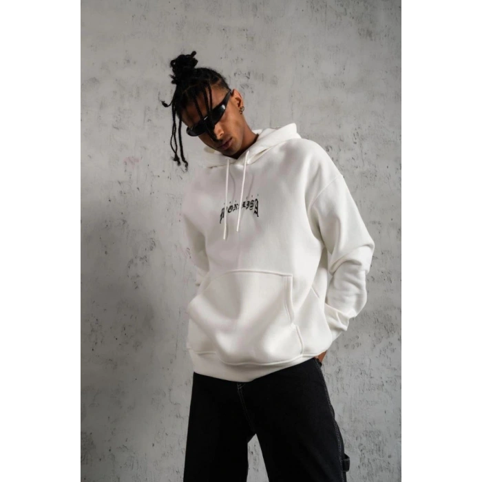 Erkek Baskılı Kapüşonlu ve Kanguru Cepli Sweatshirt hoodie - Beyaz
