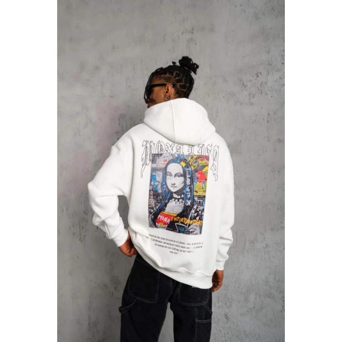 Erkek Baskılı Kapüşonlu ve Kanguru Cepli Sweatshirt hoodie - Beyaz