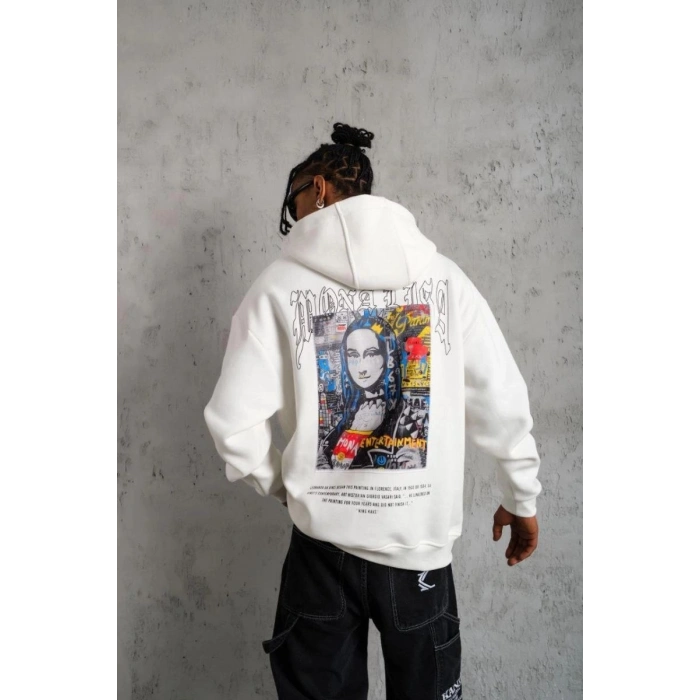 Erkek Baskılı Kapüşonlu ve Kanguru Cepli Sweatshirt hoodie - Beyaz