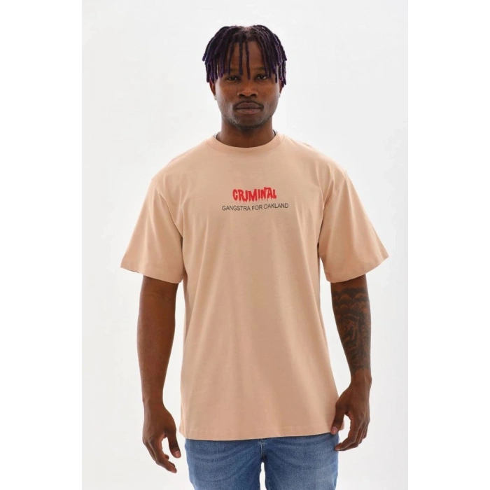 Erkek Baskılı T-Shirt Kısa Kol Bisiklet Yaka Rahat Kalıp Tişört  - Bej