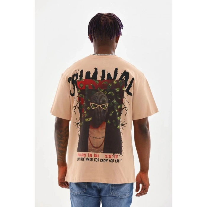 Erkek Baskılı T-Shirt Kısa Kol Bisiklet Yaka Rahat Kalıp Tişört  - Bej