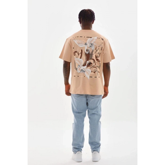 Erkek Baskılı T-Shirt Kısa Kol Bisiklet Yaka Rahat Kalıp Tişört - Bej