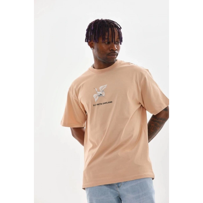 Erkek Baskılı T-Shirt Kısa Kol Bisiklet Yaka Rahat Kalıp Tişört - Bej